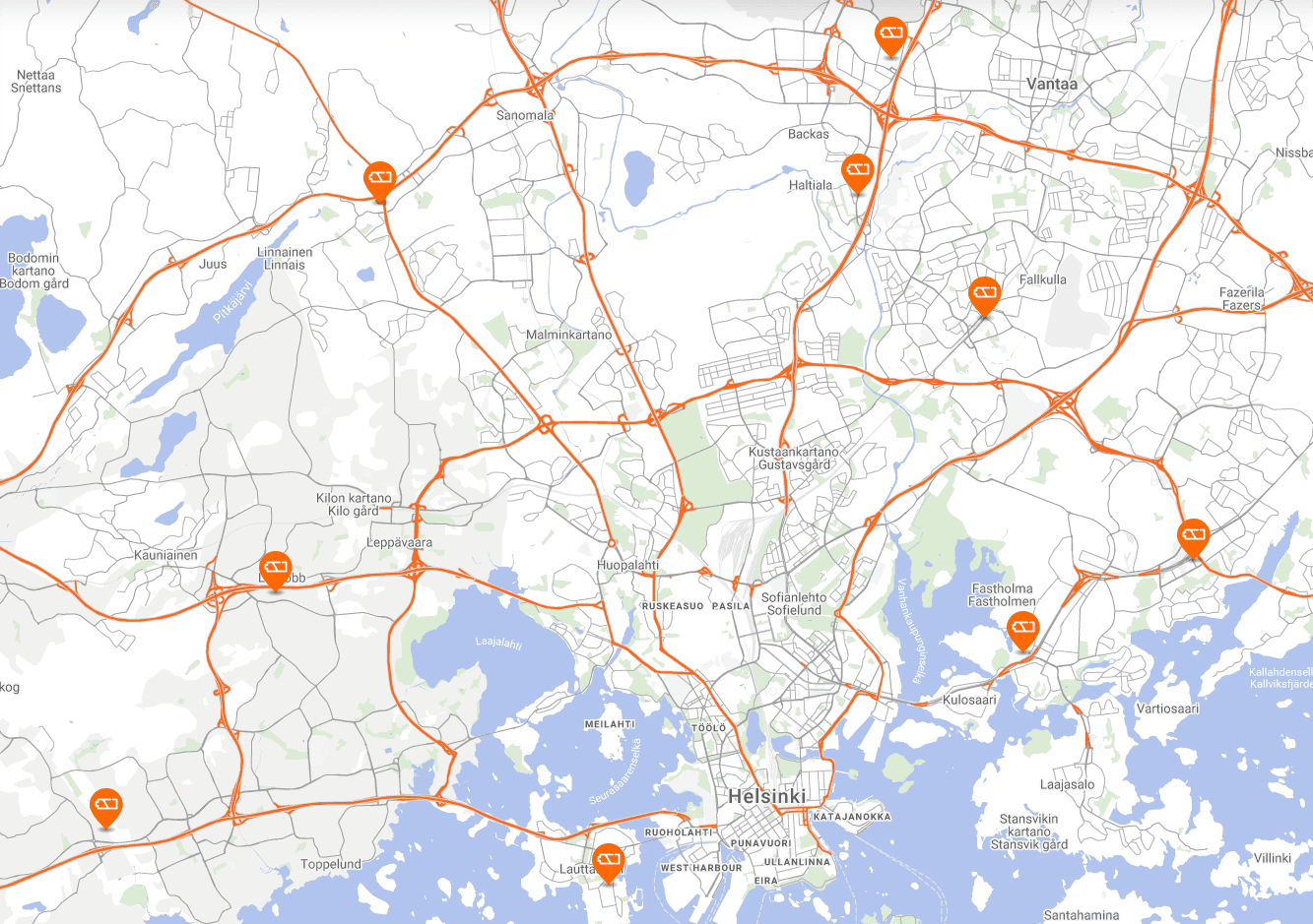 Karttanäkymä joka kattaa K-Latauksen sähköautojen latauspisteet Suomessa